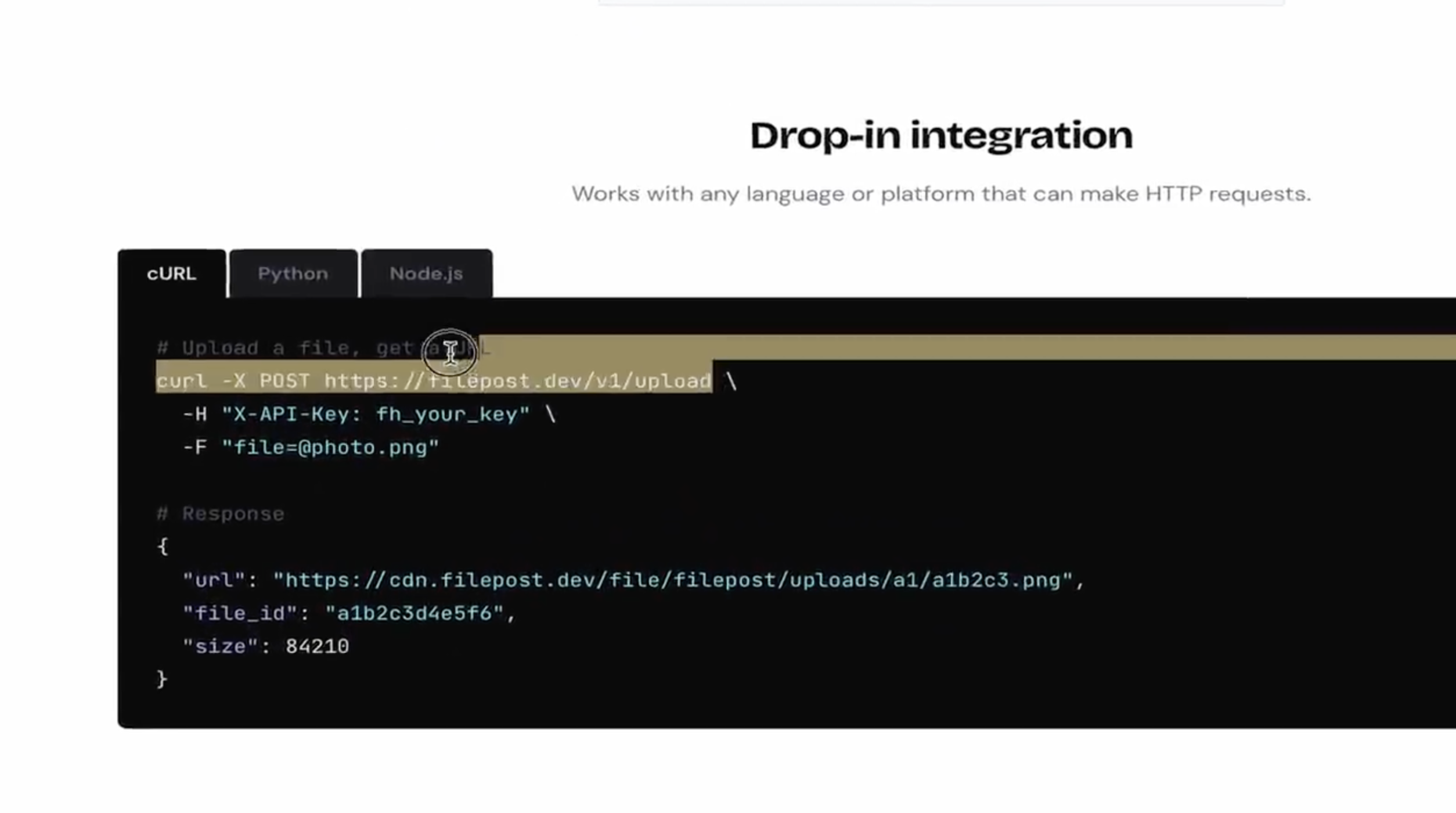 FilePost request and CDN URL response example